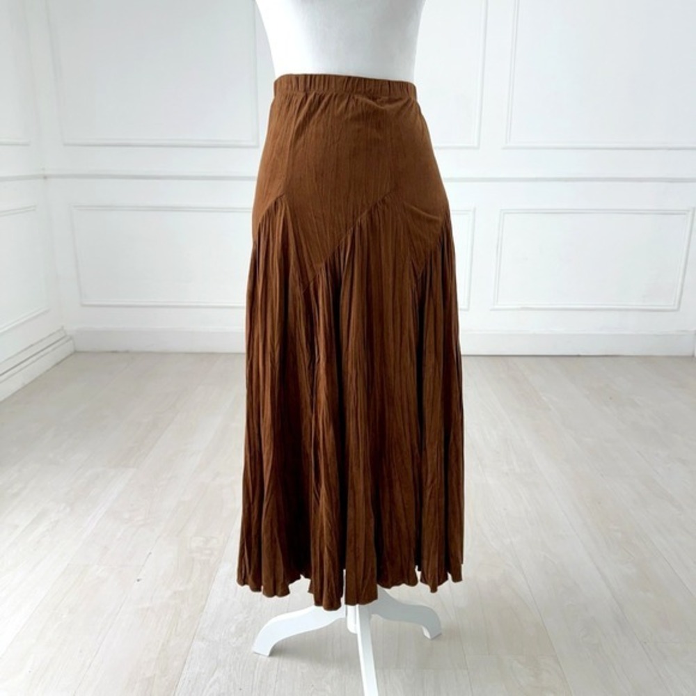 Coldwater Creek Brown Suede Midi Skirt Elastic Waist Flounce Hem M - Picture 3 of 10
